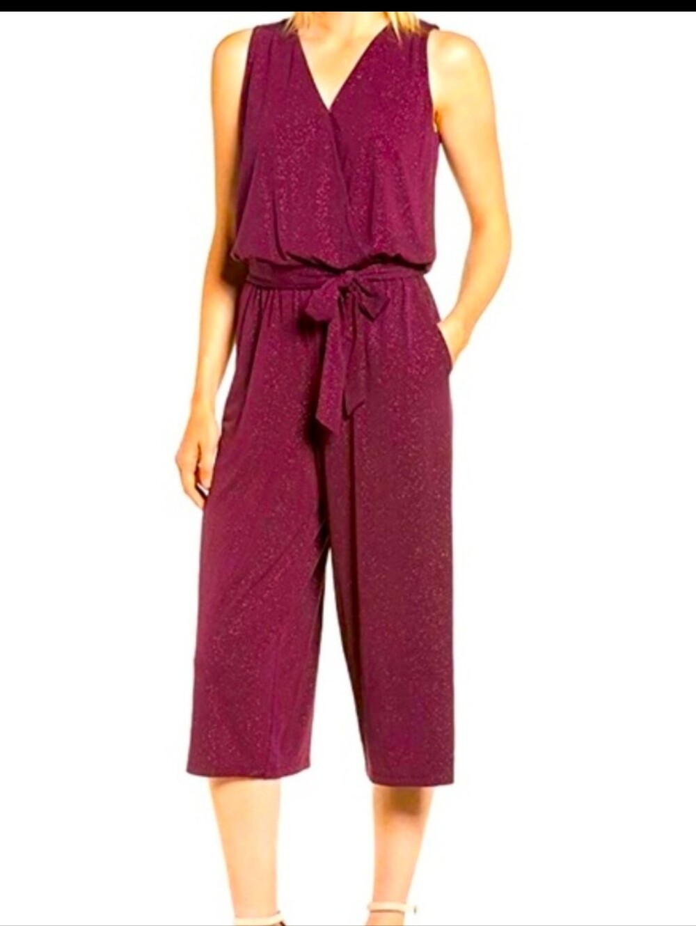 Michael Kors Glitter Sparkle Faux Wrap Belted Cropped Jumpsuit Small Mulberry